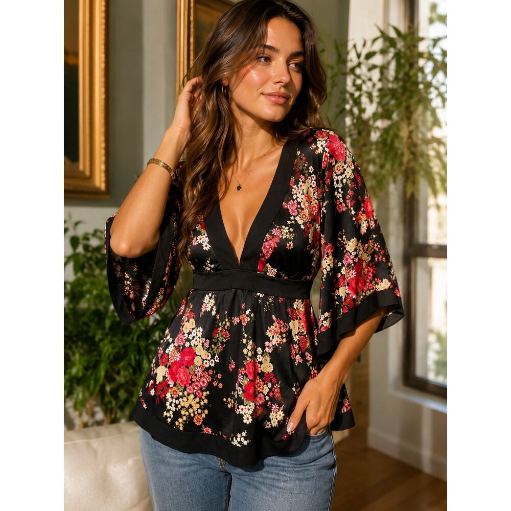 Moa Moa Black Floral Kimono Sleeve Blouse Size Large Romantic Coquette Boho